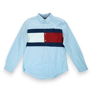 TOMMY HILFIGER Men's Blue Oxford TH Flag Front XL Colorblock Long Sleeve